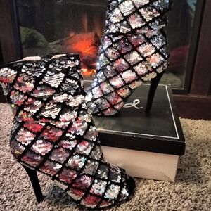 Sequin Ankle Boots - Black and Silver